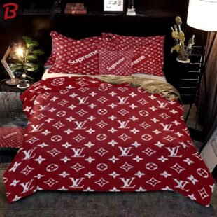 Louis vuitton supreme red fashion logo luxury brand premium bedding sets, bedroom decor , thanksgiving decorations for home Bedding Sets