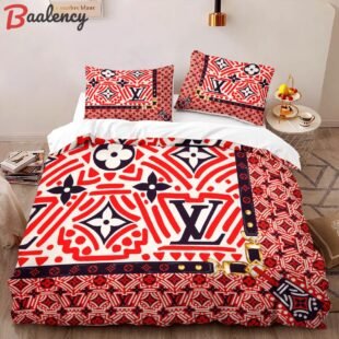 Louis vuitton red colorful luxury brand high-end bedding sets lv, bedroom decor , thanksgiving decorations for home best luxury bed sets gift thankgivings and christmas Bedding Sets