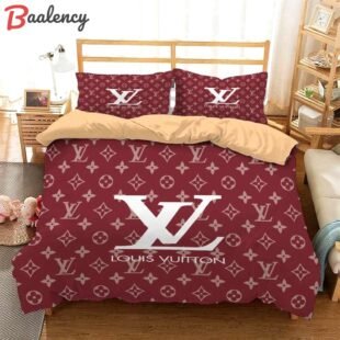 Louis vuitton red fashion logo luxury brand premium bedding sets, bedroom decor , thanksgiving decorations for home Bedding Sets